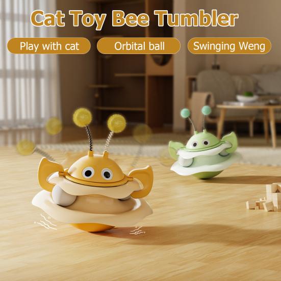 Cat Ball Track Toy Interactive Bee Shaped Cat Tower with Roller Ball Turntable Tumbler Cat Toy with Spring Pompom Ball for Indoor Cats