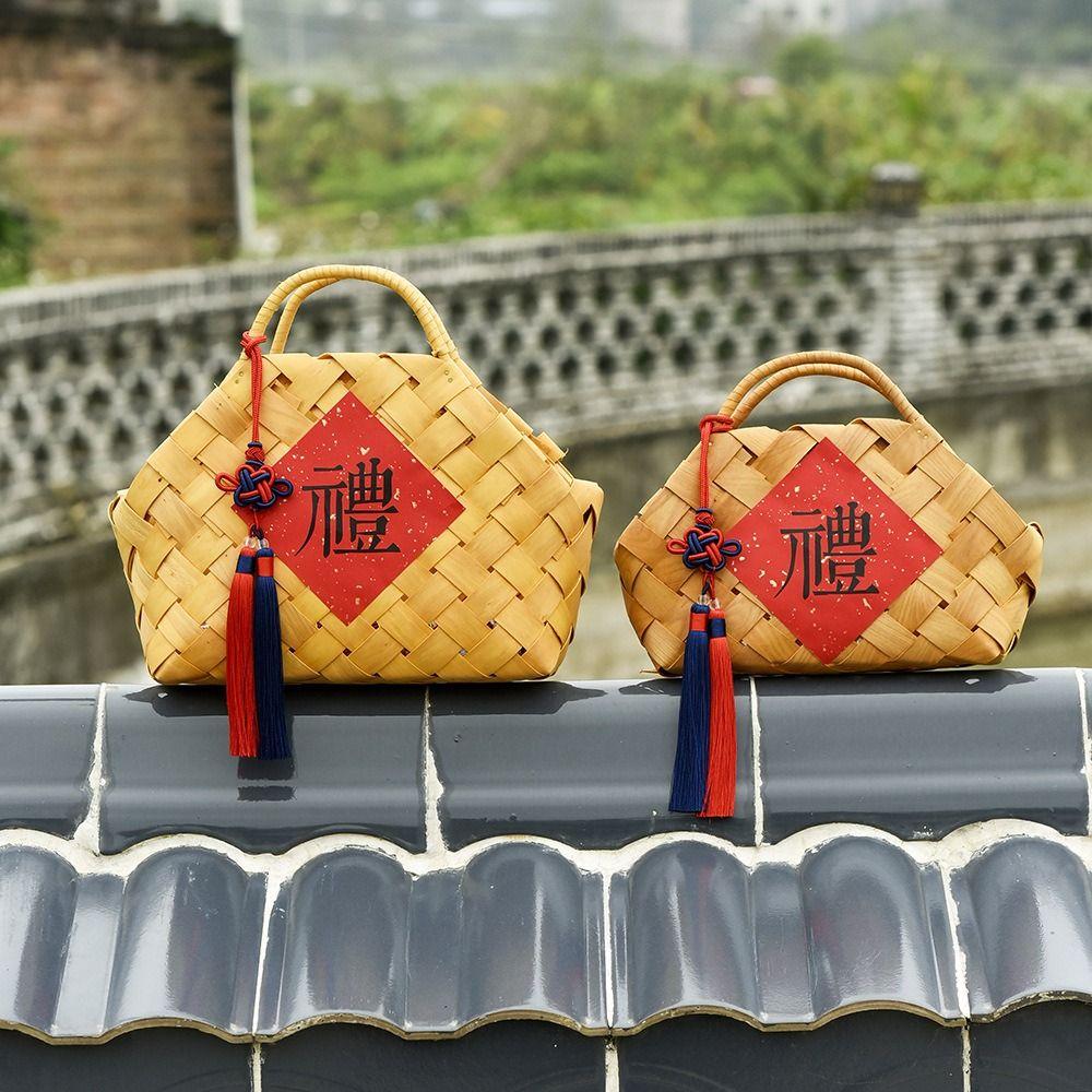 Wooden Woven Bag Natural Hand-held Basket Storage Supplies Storage Box New Year
