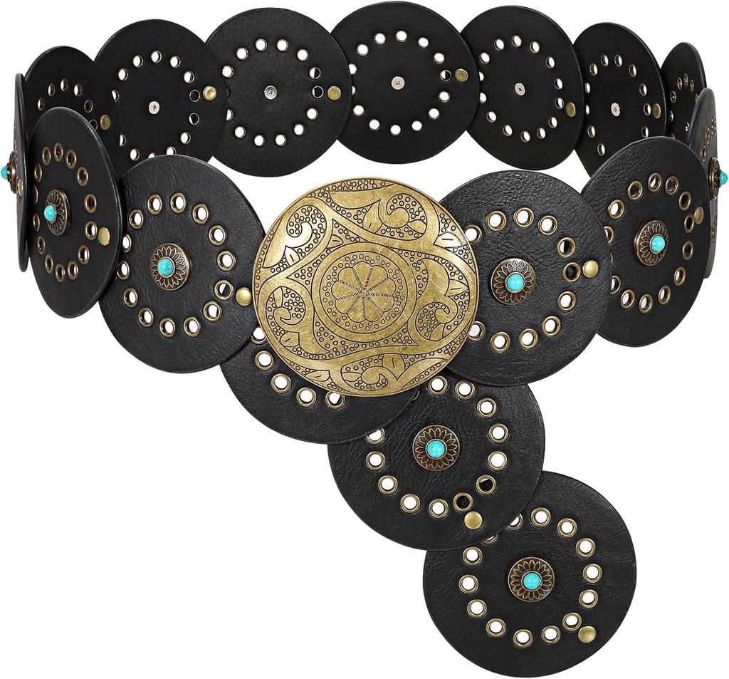 Western Leather Belts For Woman Concho Cowgirl Cowboy Disc Belt For Ladies Wide Boho Country Waist Belts For Dress