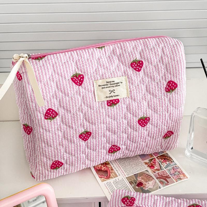 Women Cosmetic Bag Cute Zipper Blue Pink Strawberry Travel Organizer Toiletry Makeup Storage Pouch Handbag Ladies Zipper Bag