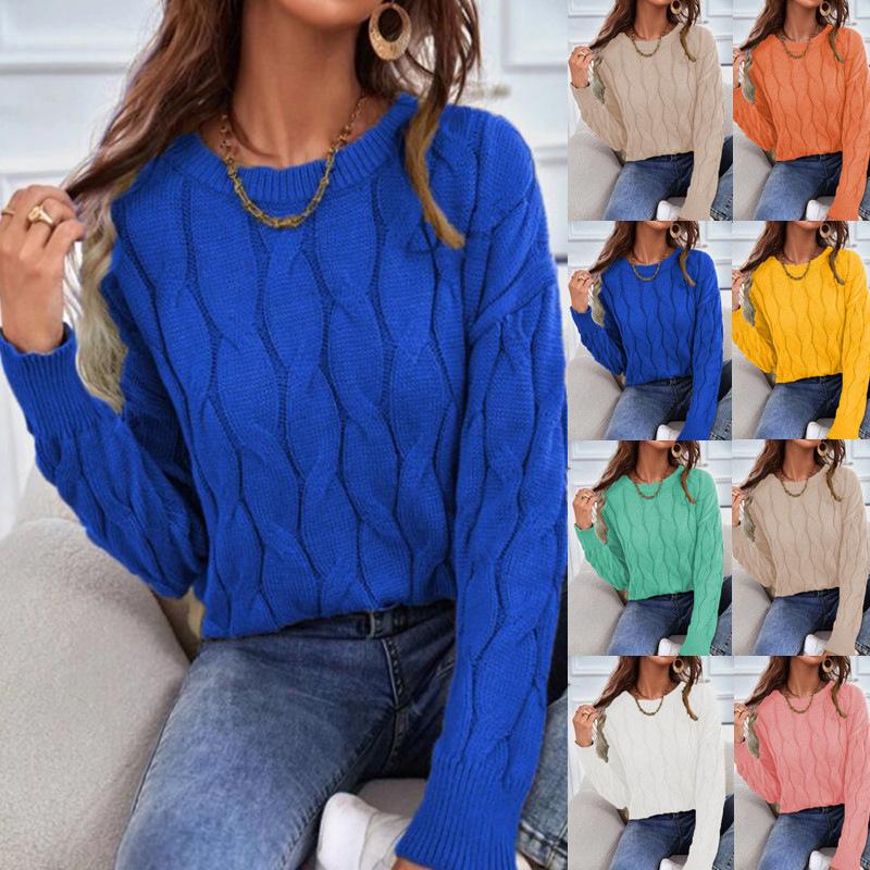 Womens Knitwear Cable Knit Sweater Autumn Round Neck Long Sleeve Pullover Tops Ladies Winter Casual Loose Jumper