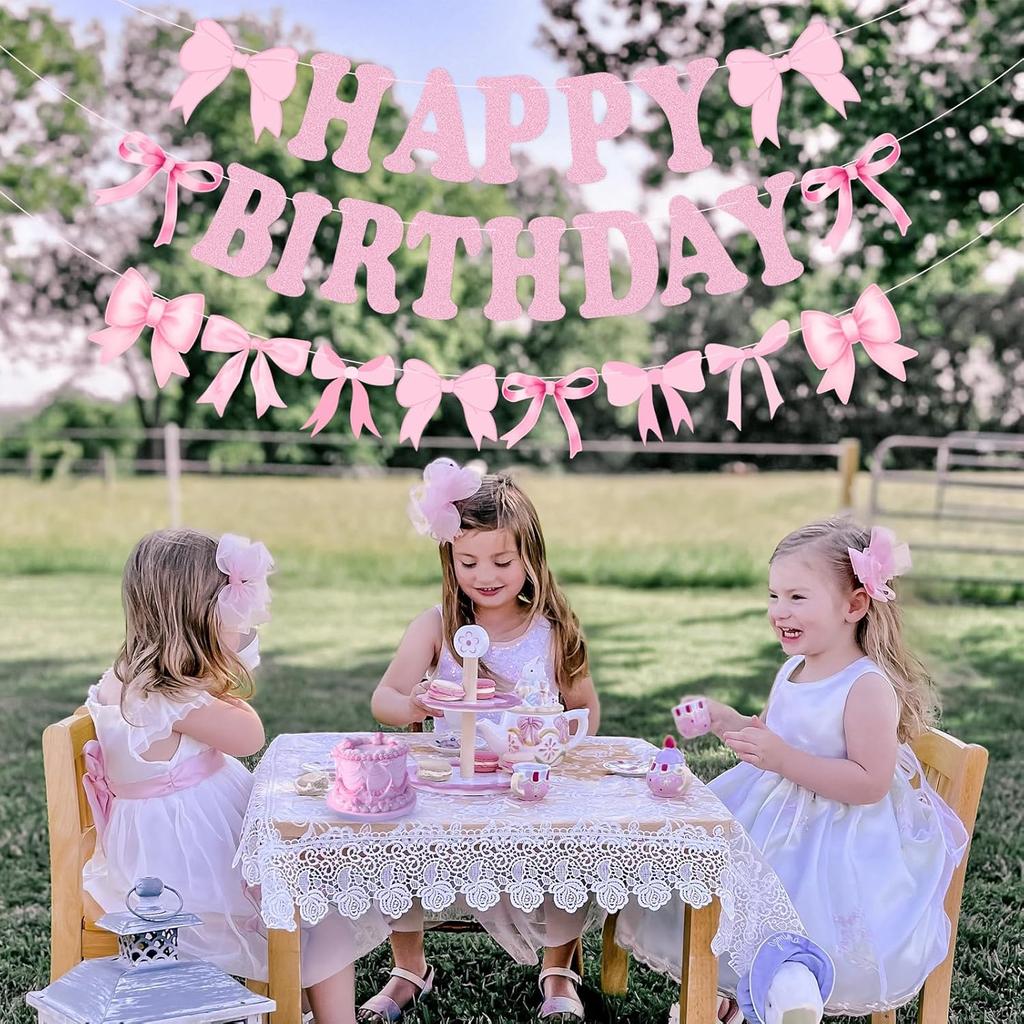 Bow Happy Birthday Banner, Pre-Strung Pink Bows Garland for Women Girls Bow Birthday Party Decorations, Bow Party Decor