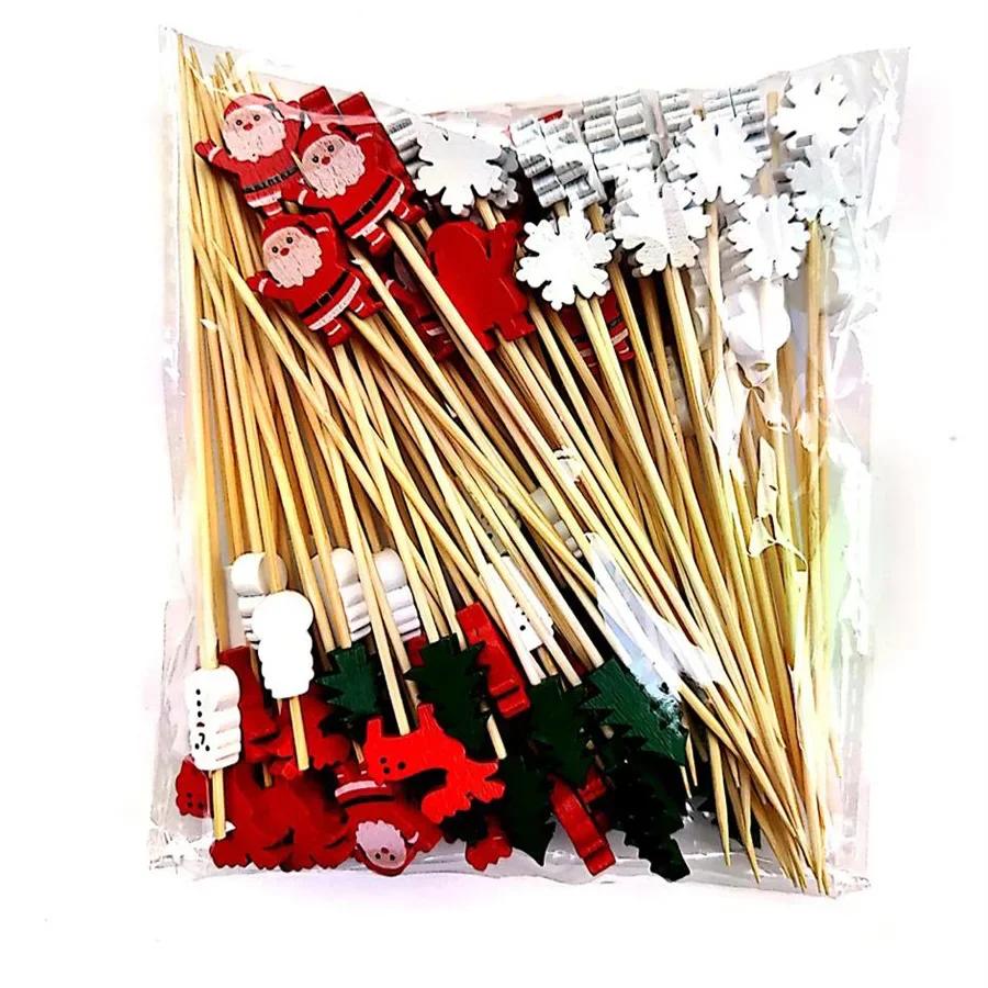 50Pcs Disposable Christmas Bamboo Sticks Creative Santa Claus Xmas Tree Decor Fruit Toothpicks for Cake Dessert Salad Party