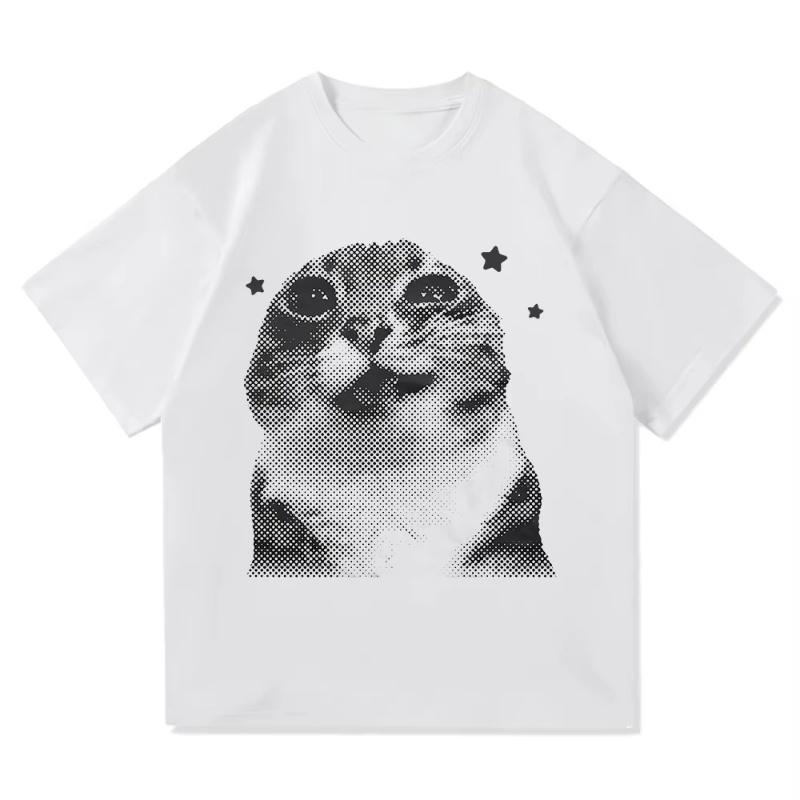 New Arrival Halftone Style Cat Print Unisex Casual T Shirt Pure Cotton Oversized Breathable Meme Streetwear Short Sleeve Tops Y2k