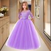 Платье принцессы для девочек с цветочным кружевом и половиной рукавов с круглым вырезом и бантом, элегантное детское пышное тюлевое длинное платье макси, свадебное торжество, вечеринка, выпускной, торжественный бал