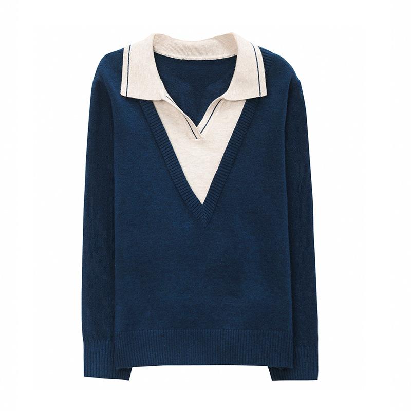 Fake Two Piece Knitted Sweater Women Fashion Lapel All Match V Neck Autumn Winter Pullover Top Casual Basic Sweaters