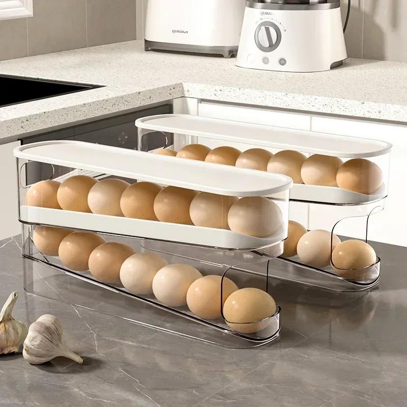 Bilayer Fridge Egg Storage Box Automatic Rolling Eggs Holder Rack Ladder Style Refrigerator Eggs Dispenser Egg Organizer Holder