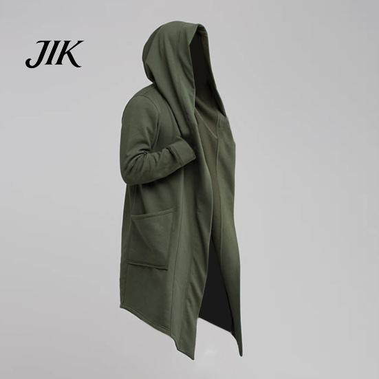 Мужской длинный пальто-кардиган с капюшоном, однотонная куртка-тренч на осень, оверсайз