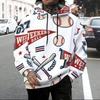 Men Plus Size Long Sleeve Drawstring Hoodie Printed Kangaroo Pocket White Pullover