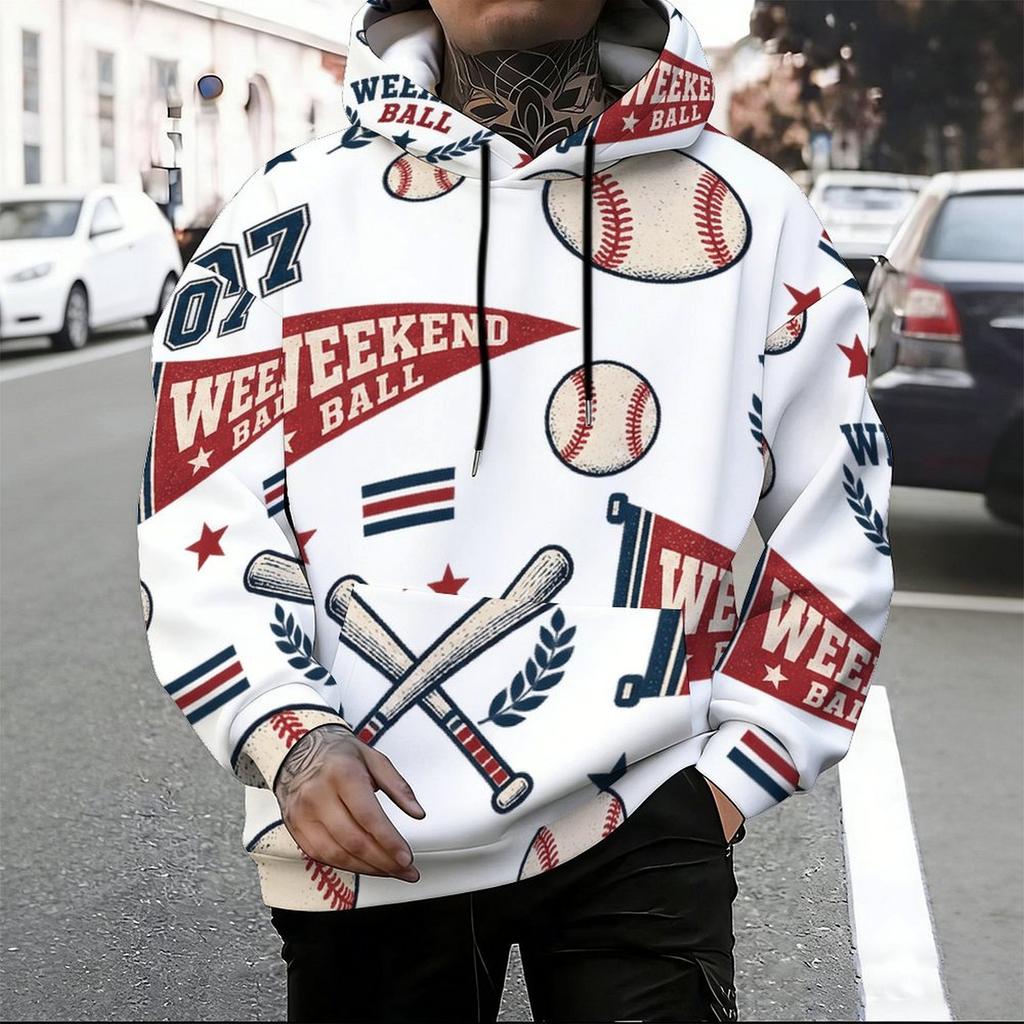Men Plus Size Long Sleeve Drawstring Hoodie Printed Kangaroo Pocket White Pullover