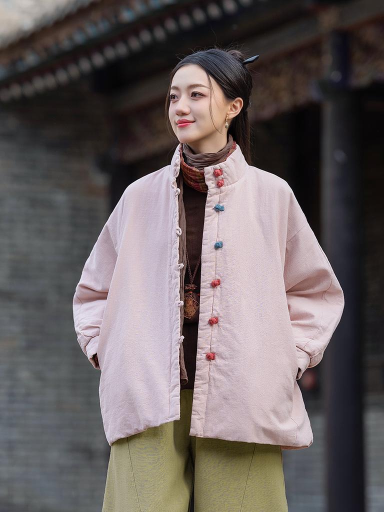 Johnature Women Vintage Solid Color Long Sleeve Winter Coats Button Chinese Style Warm Coats