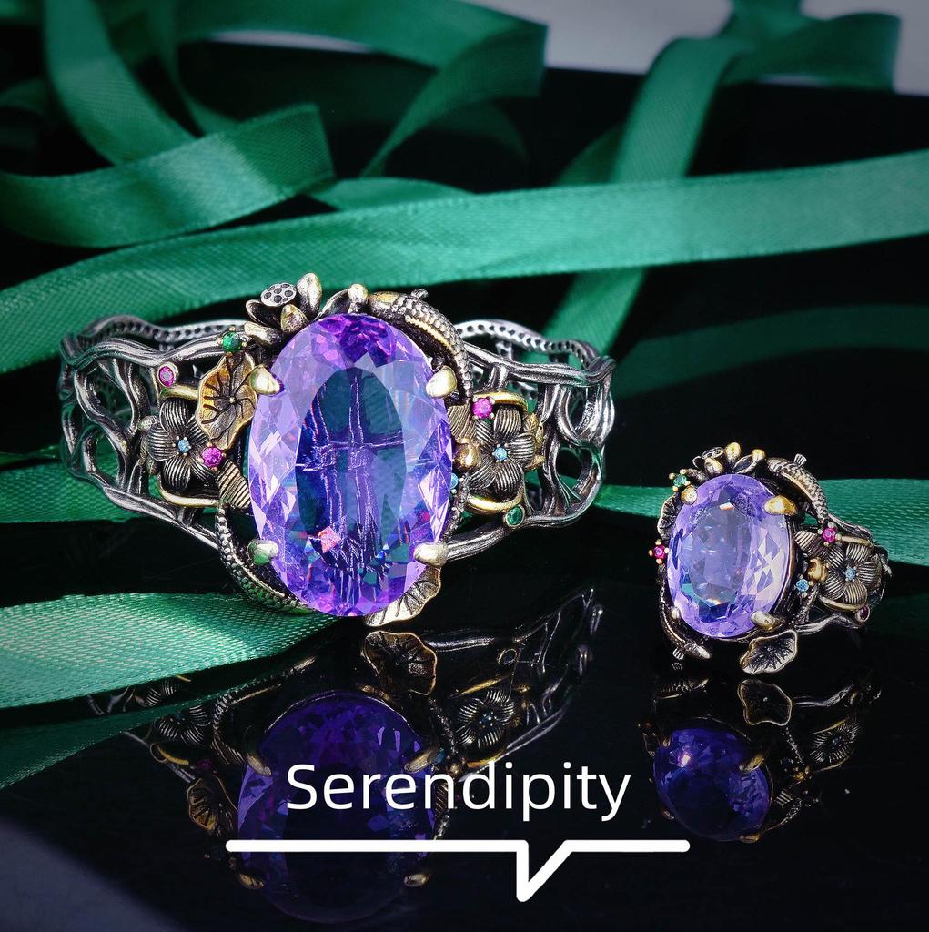 Итальянский ретро-филигранный комплект украшений «Двойная рыба-лотос»: Браслет «Листья лотоса», подвеска с драгоценными камнями, серьги и кольцо.