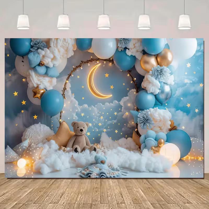 Двумерный фон для фотосессии на детский праздник с изображением плюшевого мишки, луны и звезд