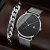 2PCS Set Fashion Mens Calendar Watches Luxury Male Stainless Steel Quartz Wristwatch Clock Men Bracelet Wrist Watch&Bracelet