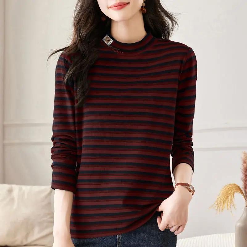 New Half-high Neck Long-sleeved T-shirt Thermal Inner Wear Develvet Striped Base Shirt for Women in Autumn and Winter
