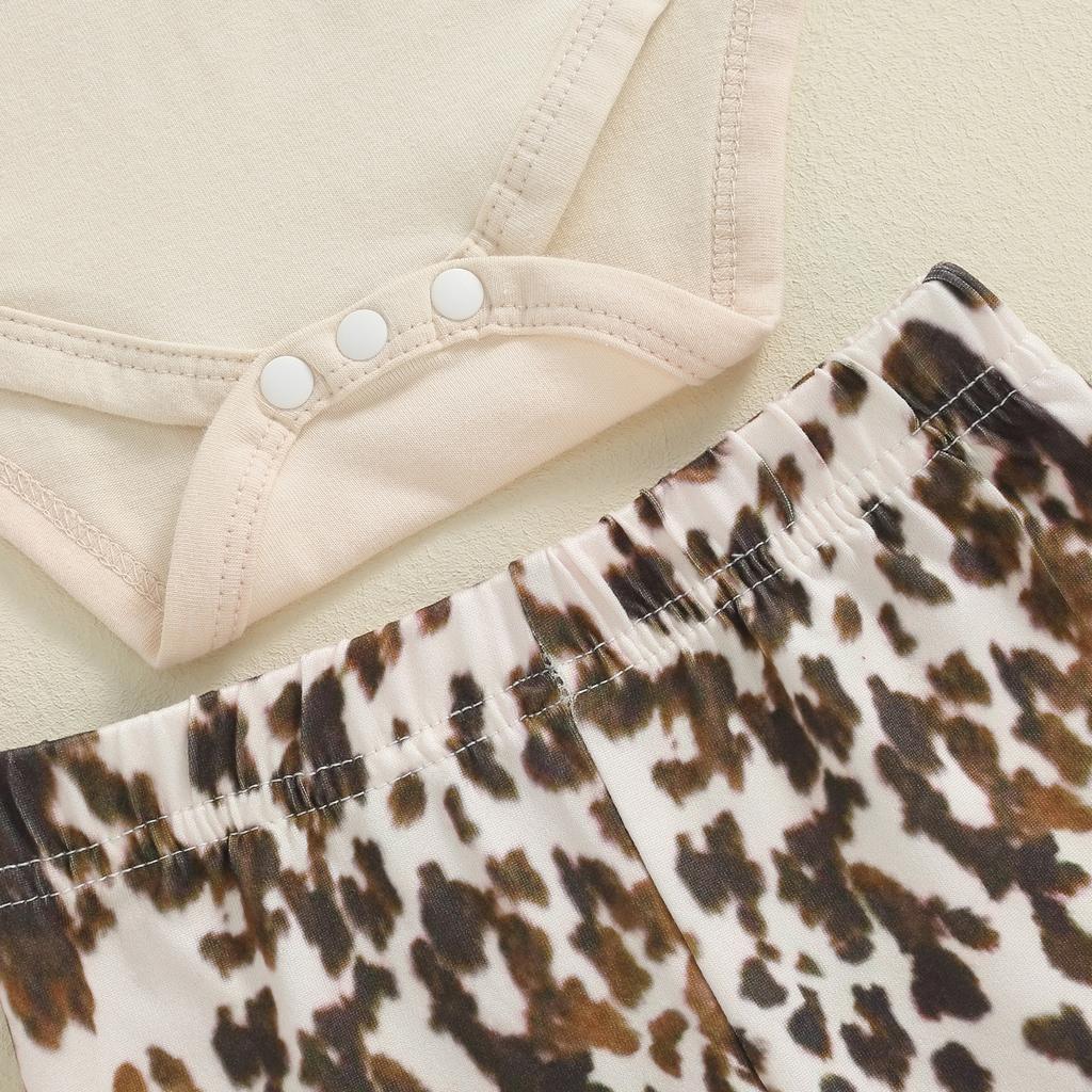 Осенний наряд для девочек, комбинезон с длинными рукавами и принтом коровы, расклешенные брюки и повязка на голову с бантом