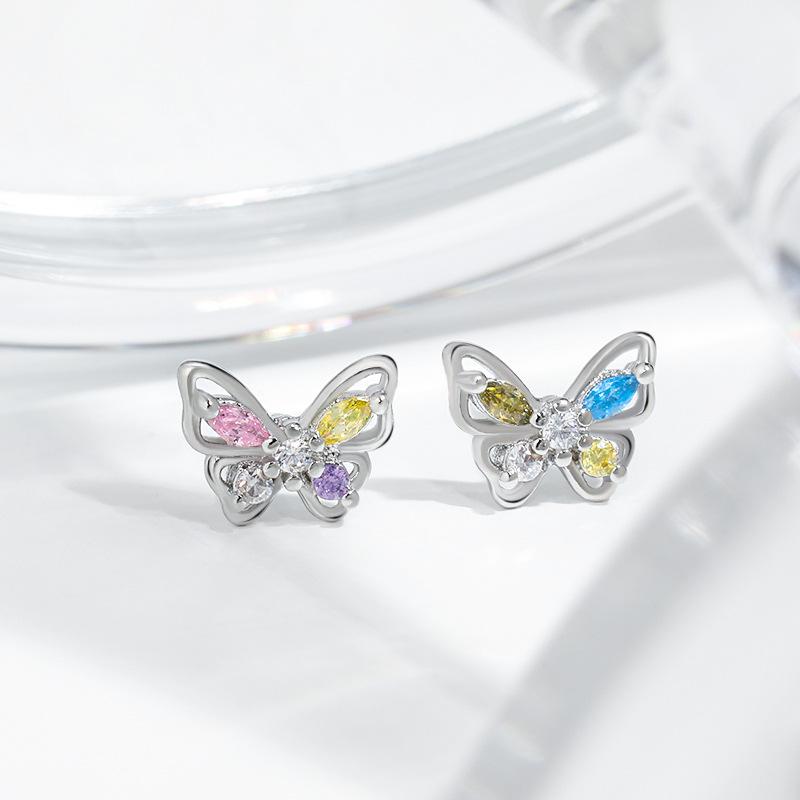 Exquisite Hollow Butterfly Earrings Korean Version With Niche Design And Compact Mini Colored Diamond Earrings