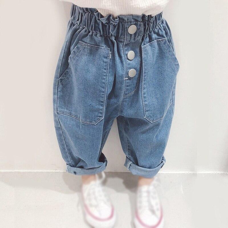 Осенние джинсы для маленьких девочек, повседневные широкие брюки с высокой талией, свободные джинсовые джинсы, мешковатые джинсовые брюки с карманами, От 3 до 8 лет