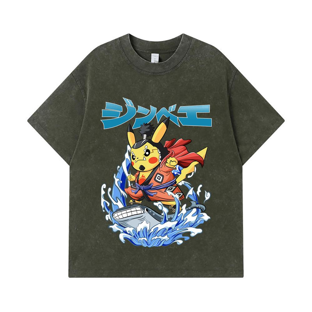 275 GSM Washed T-shirts 100% Cotton Pokemon V11 Jimbei Pikachu Print Unisex Heavy Cotton T Shirt