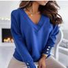Осенне-зимняя модная женская мода с v-образным вырезом и длинным рукавом, повседневная однотонная трикотажная пуловер на пуговицах, свитера, джемпер