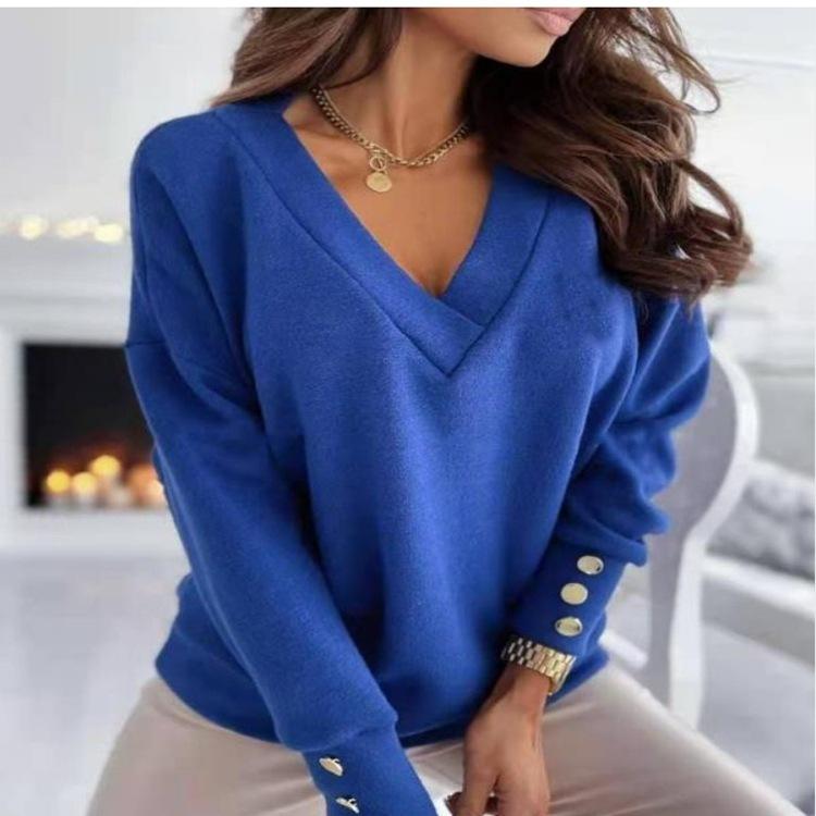 Осенне-зимняя модная женская мода с v-образным вырезом и длинным рукавом, повседневная однотонная трикотажная пуловер на пуговицах, свитера, джемпер