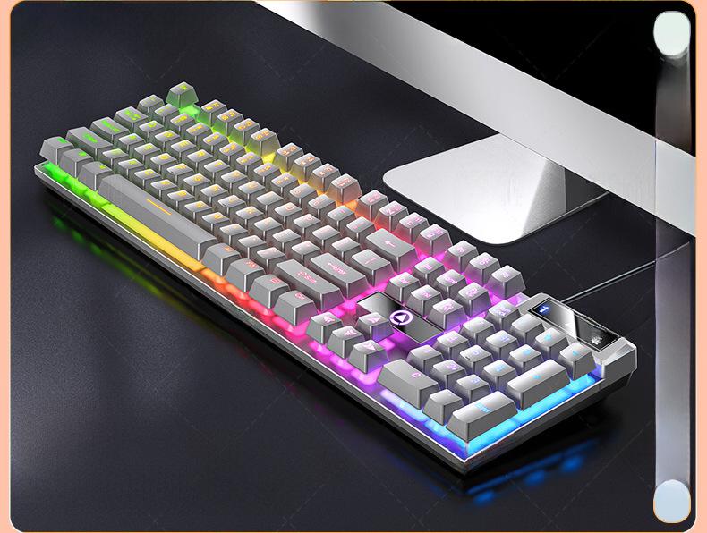 Проводная игровая клавиатура розового и серебристого цвета с цветной подсветкой - механическое ощущение для настольных компьютеров