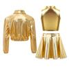 Metallic Shiny Jacket Set for Girls: Turn-Down Collar Long Sleeve Coat with Turtleneck Tank & High Waist A-Line Skirt