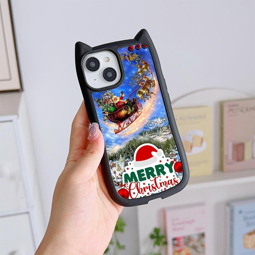 Мягкий чехол для телефона с кошачьими ушками для iPhone 16 15 14 13 12 11 Pro Max TPU Anti-Drop Прозрачная акриловая задняя крышка NY41 Санта-Клаус Рождественская елка