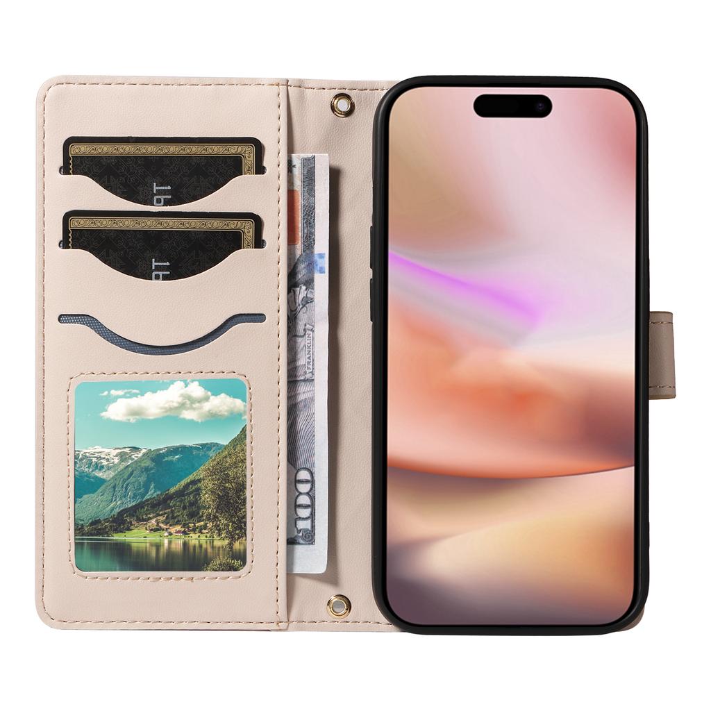 For iPhone 16 Case Wallet Quilted Leather Phone Cover with Shoulder Strap, Wrist Strap