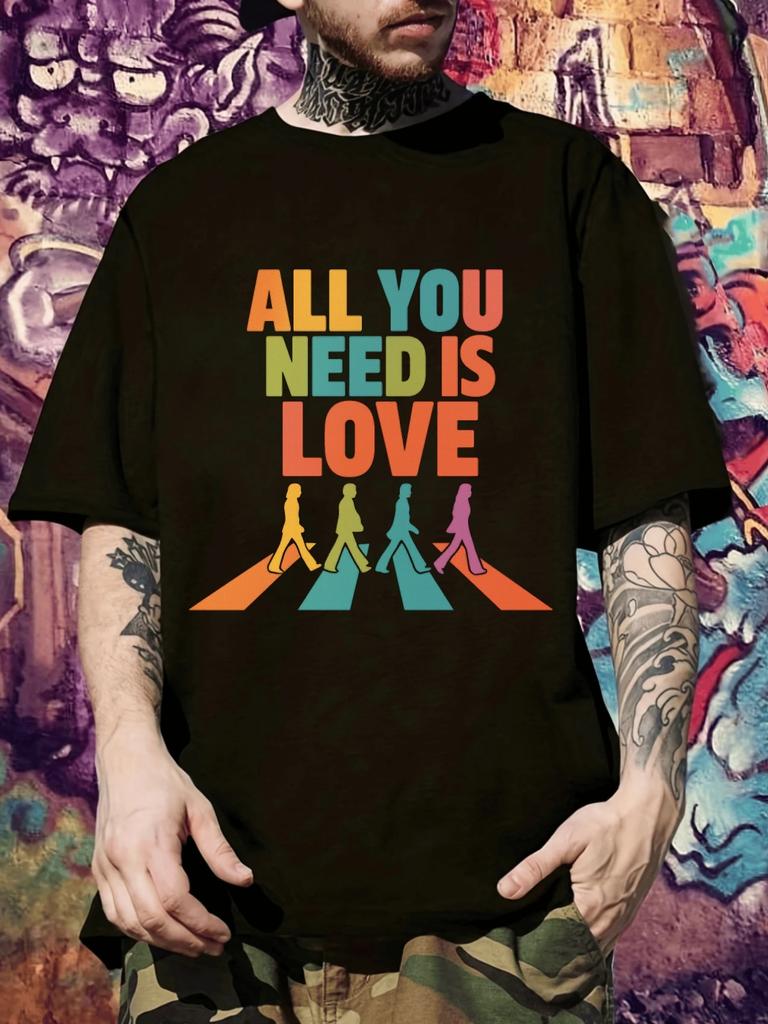 Casual Crew Neck T-shirt with "All You Need is Love" Graphic Print - Short Sleeve