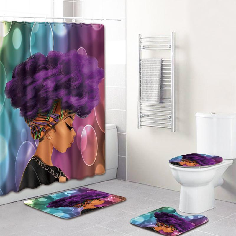 African Woman Digital Printing Creative Shower Curtain Floor Mat Set Bathroom Carpet