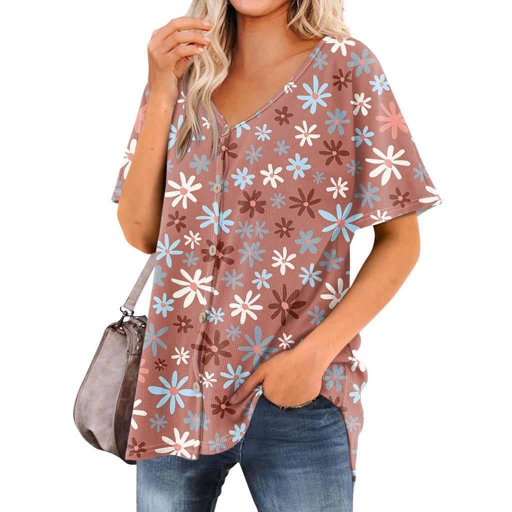 Women's T Shirt Tee Printed Women's Shirts V Neck Short Sleeve Button Up Tunic Tops Blouse