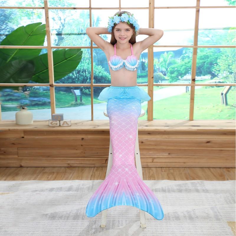 Kids Mermaid Swimsuit Set Girls 3-Piece Bikini Swimwear With High Elasticity Solid Color Toddler Swimming Outfit