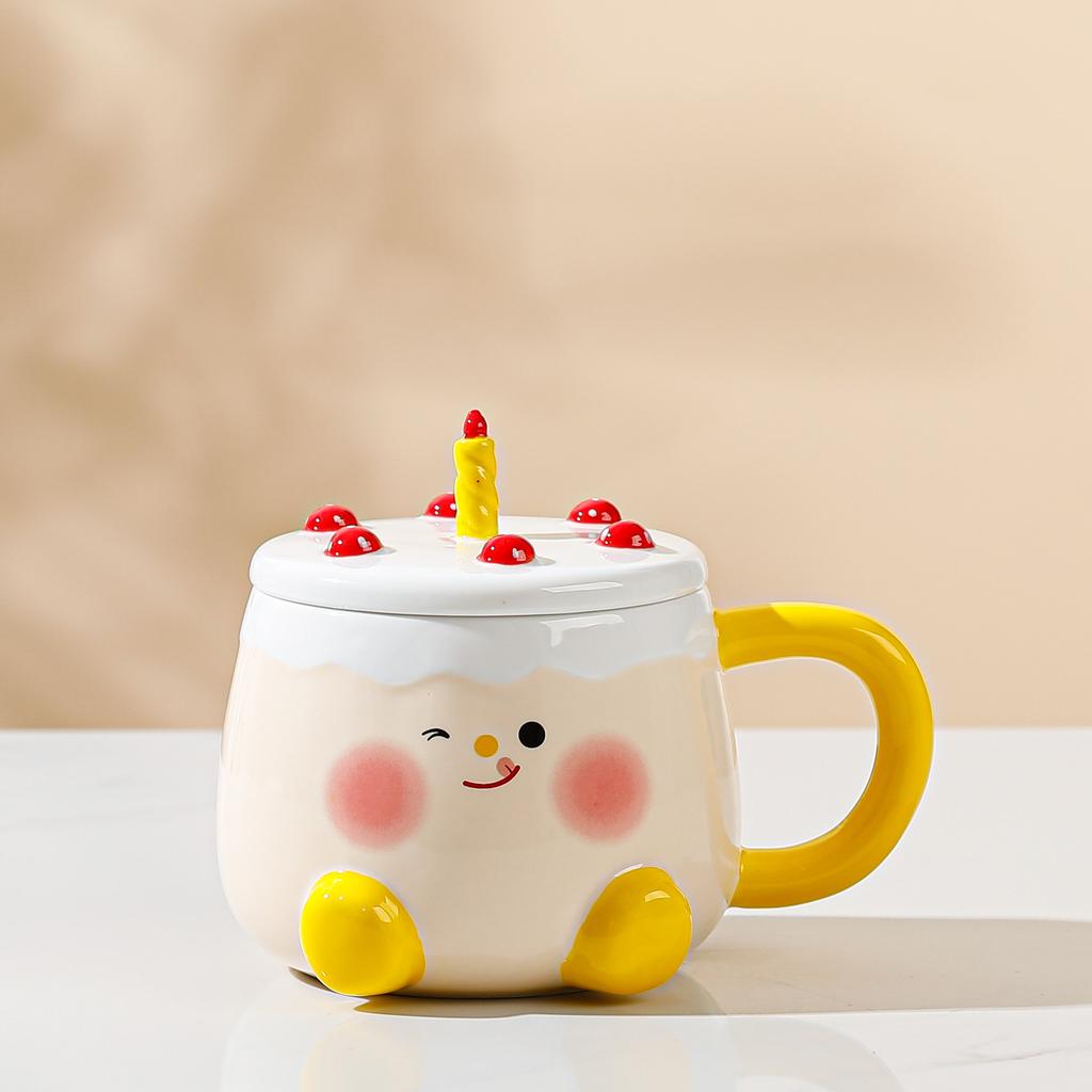 Cute Cake Cup with Lid Cartoon Ceramic Cup High Value Large Capacity Household Set Mug Girls Water Cup