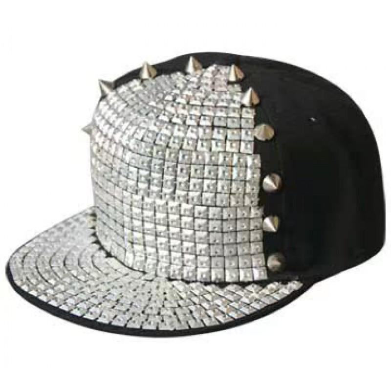 Adjustable Flat Brim Baseball Cap Men Women Streetwear Hip Hop Bboy With Square Studs Geometric Print