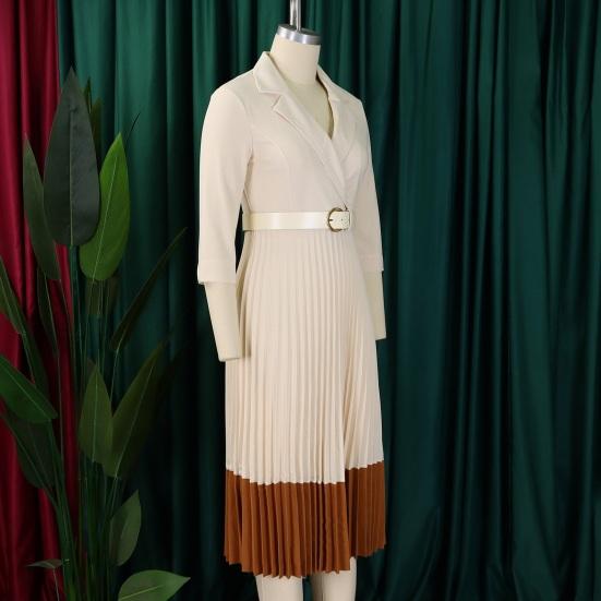 Женское платье-пиджак с длинным рукавом, V-образным вырезом и лацканами с насечкой, плиссированное платье миди с расклешенной юбкой, деловое офисное рабочее платье с поясом