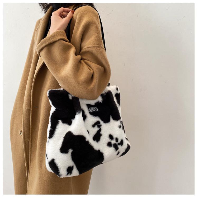 Cute Plush Cartoon Crossbody Bag Stylish Urban Large Tote Bag For Women In White And Striped Cow Print