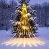 Garden Fence Star Decorations Solar Christmas Tree Waterfall Light, 11.5FT 346 LED Powered String Light Safe Touch Set with Moon Topper