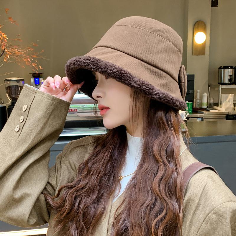 Шляпа женская японская шляпа-ведро из искусственной овечьей шерсти с бантом, утолщенная плюшевая теплая повседневная универсальная шляпа-тазик Tide