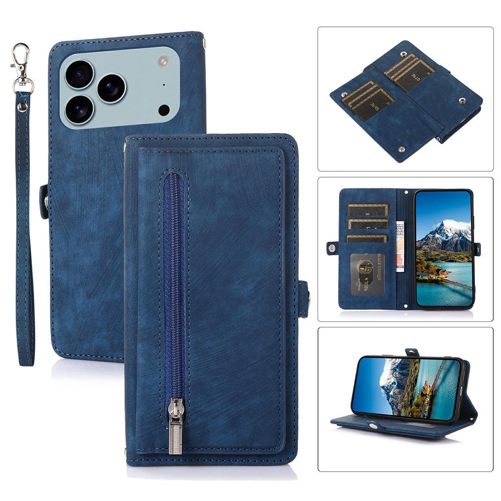 For iPhone 17 Pro Case Zipper Pocket 9 Card Slots PU Leather Phone Cover with Wrist Strap