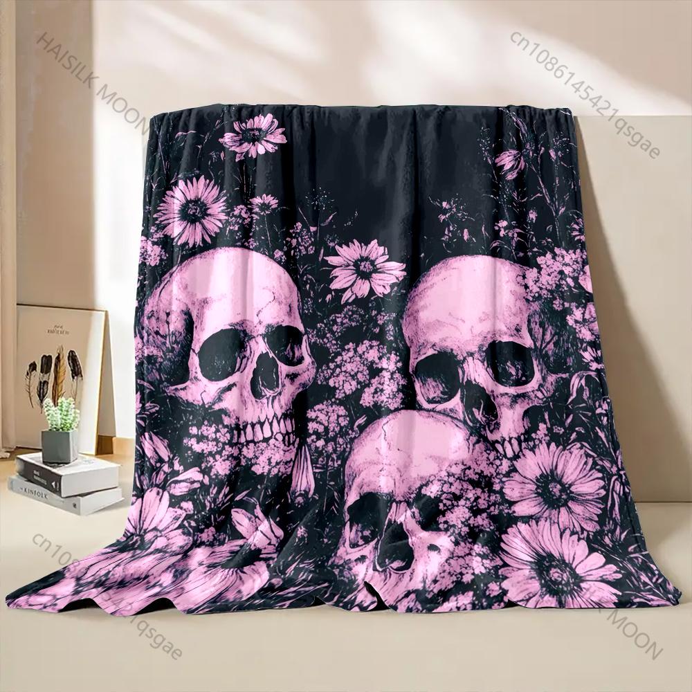 Skulls Surrounded By Blooming Flowers Pattern Blanket Flannel Material Soft Warm for All Seasons Home Outdoor Camping Picnics RV