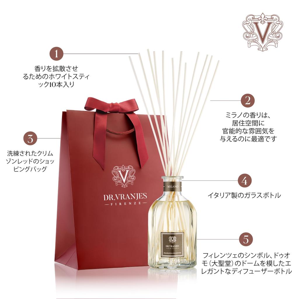 VRANJES Dottor VRANJES Диффузор MILANO 250 мл Ароматизатор для помещений с тростниковыми палочками Пряные ноты Аромат, который улучшает концентрацию Поставляется с элегантным оригинальным