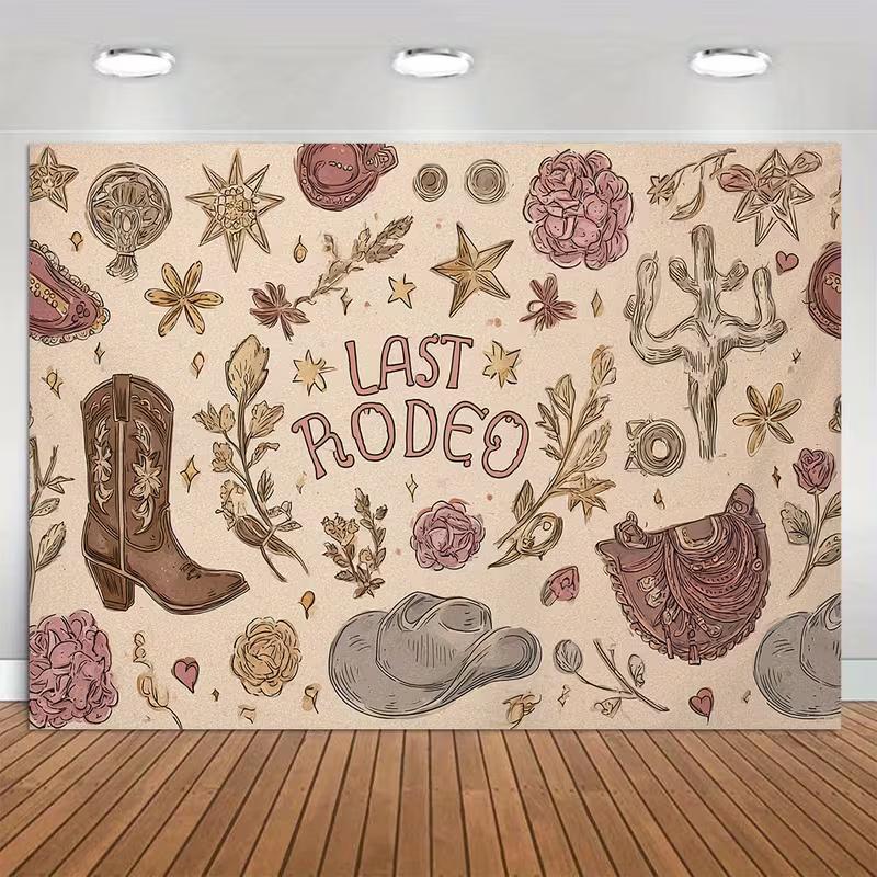2D Beige Retro Floral Cactus Western Backdrop for Indoor Bachelorette Studio Shooting
