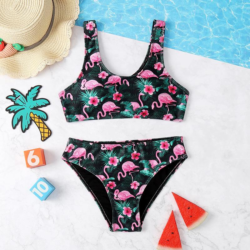 Модный комплект из 2 предметов для девочек-подростков, комплект купальников бикини, майка с принтом фламинго и трусы, купальник, детский купальный костюм танкини