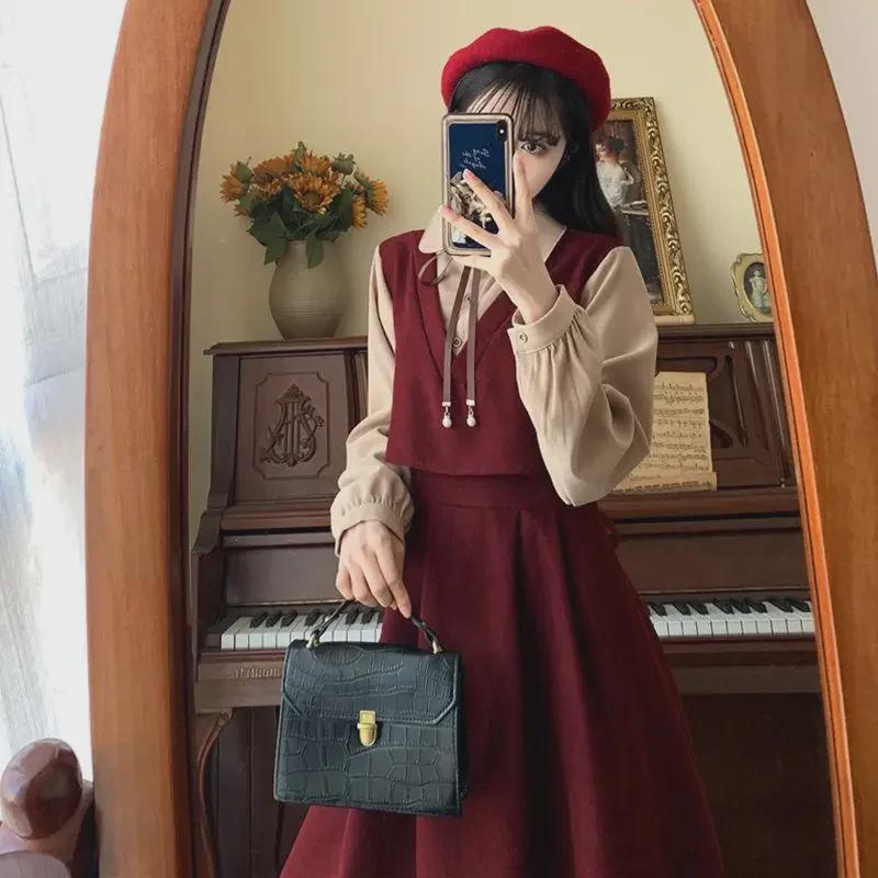 Платье большого размера с высокой талией, многослойное, из двух частей, с эффектом осеннего корейского стиля в колледже