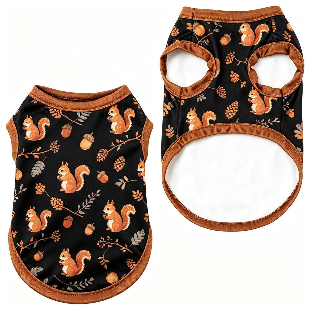 Pet Dog Vest Black Raccoon Acorn Leaf Print Breathable Sleeveless Shirt for Small Medium Dogs Cute Woodland Theme Daily Wear