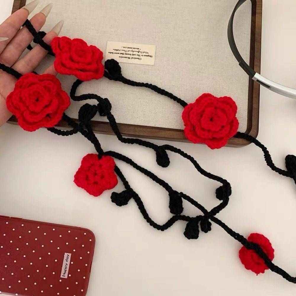 Thin Rose Flower Shawl Wool Long Narrow Scarves Soft Flower Knitted Scarf  Ladies