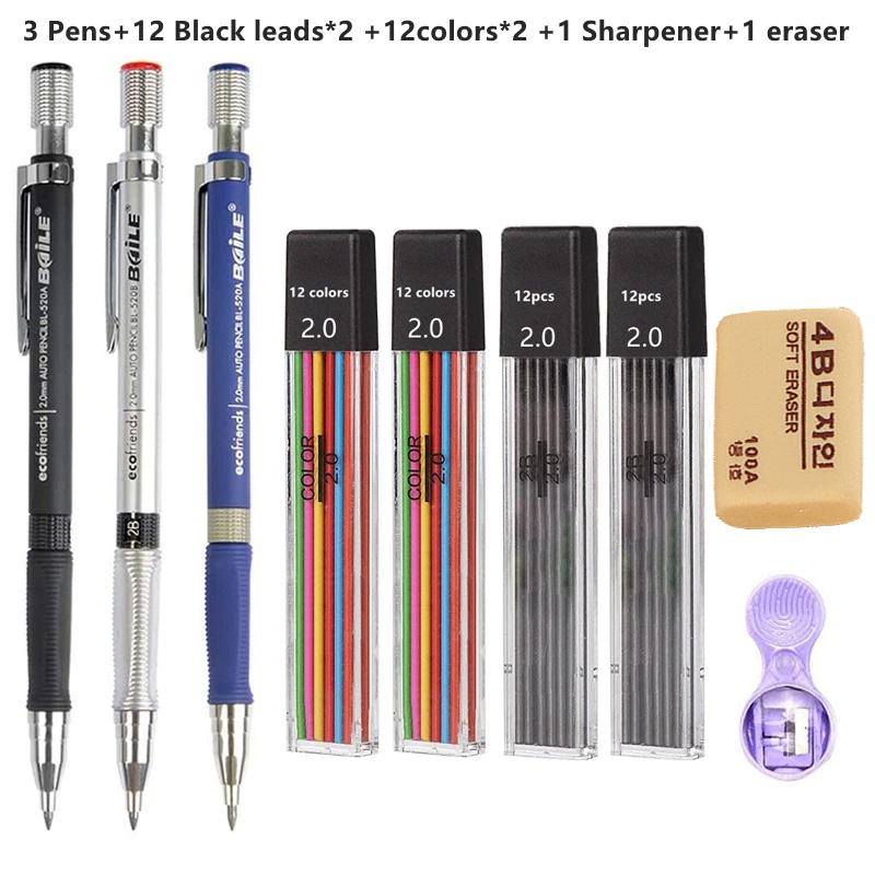 2.0mm 2B Mechanical Pencils Automatic Drawing Pencils with Color/Black Lead Refills Ideal for Student Sketch&School Stationery