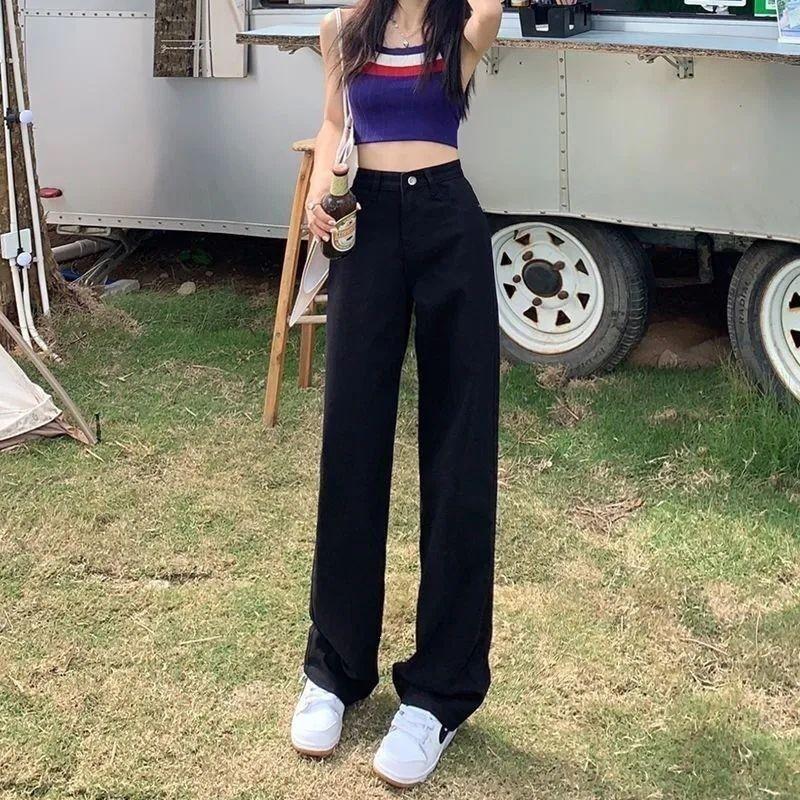 Womens High-Waisted Wide Leg Straight Cut Denim Pants Loose Fit Casual Chic Trousers Pure Color Cotton Blend