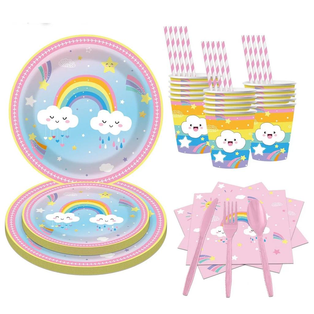 Rainbow Cloud Sun Happy Girls Princess Birthday Party Decor Set with Pink Plates Napkins Disposable Tableware for 10 Guests